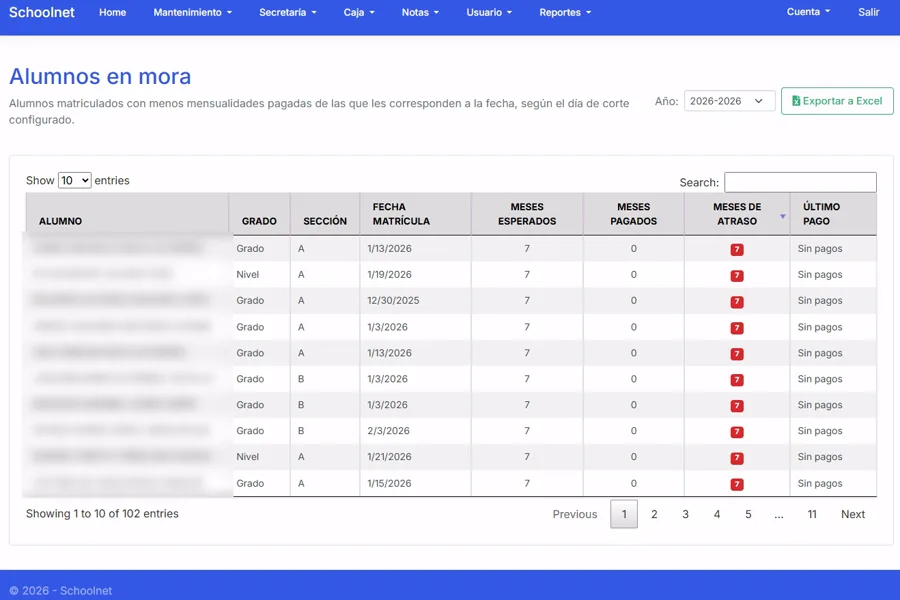 Reporte de alumnos en mora de SchoolNet, exportable a Excel